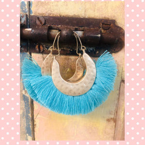 Gold tone hammered earrings w/Auqa fringe